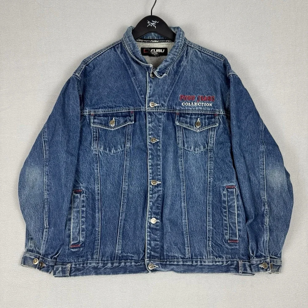 Vintage Fubu Collection Denim Blue Jean Trucker Jacket Pocket Button Mens XL Y2K